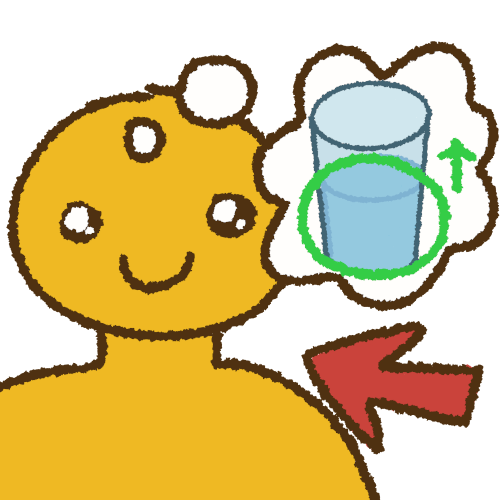 a person with a red arrow pointing at them and a thought bubble above their head. Inside the thought bubble is a half full glass of water. The water in the glass is circled in green and there’s a green arrow pointed up.